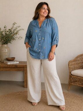Talbots Embroidered Floral Denim Shirt Blue Cotton Button Down Top